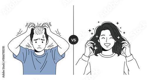 Before and after illustration showing a man with hair loss and a woman with thick, healthy hair, comparing hair problems and solutions.