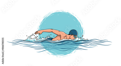 Professional male swimmer in action, performing the front crawl stroke in wavy water with a circular blue brush stroke background.