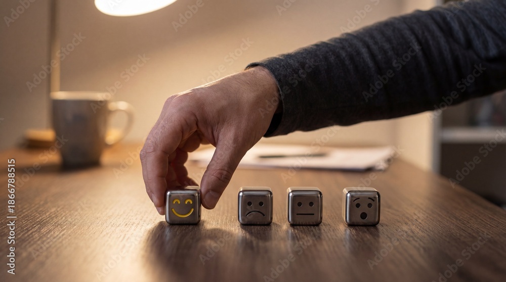 Fototapeta premium Hand selecting a metallic cube with a happy face from a row of emotional symbols on a wooden desk