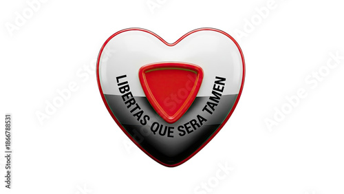 Heart-shaped emblem with Latin inscription and red shield