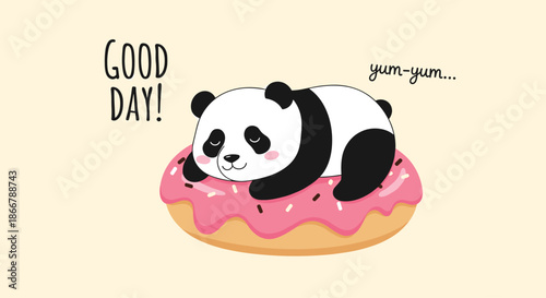 Cute cartoon panda having a good day sleeping on a giant pink donut, with 'yum-yum' text bubbles indicating a sweet dream.