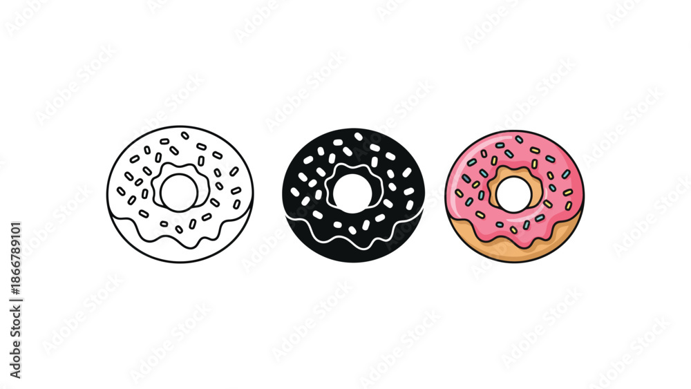 Fototapeta premium Three donuts are shown in different styles: outline, silhouette, and colored.