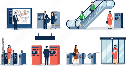 Vector Set of People in Subway Station Using Ticket Machines Escalators and Turnstiles for Public Transport and City Commuter Design
