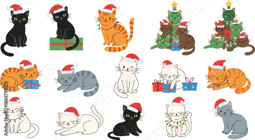 Collection of Cute Christmas Cats Wearing Santa Hats with Holiday Lights and Gift Boxes in Flat Cartoon Vector Illustration Style