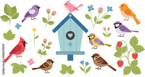 Vector Illustration of Colorful Songbirds Around a Blue Birdhouse with Spring Flowers and Strawberries in a Flat Cartoon Graphic Style