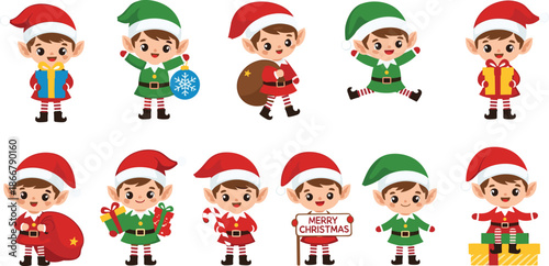 Set of Cute Christmas Elf Characters with Santa Helpers Carrying Gifts and Holiday Decorations in Flat Vector Illustration for Festive Graphic Design