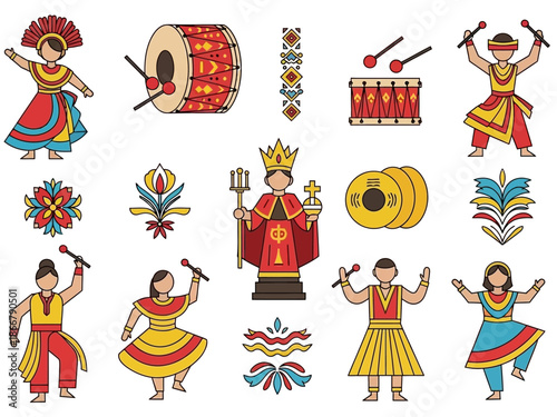 Colorful vector illustration of Indian culture and dance with various musical instruments and figures