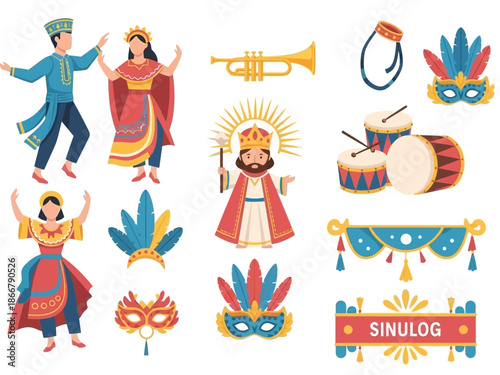 Colorful Sinulog Festival Illustrations Dancing Figures, Instruments, and Festive Elements