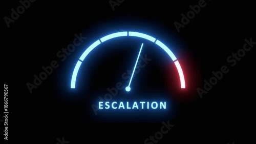 Escalation meter showing big levels. Dangerously increasing high values of escalation, critical overload. Too much, off the charts. Politic and social concept. Neon glowing.