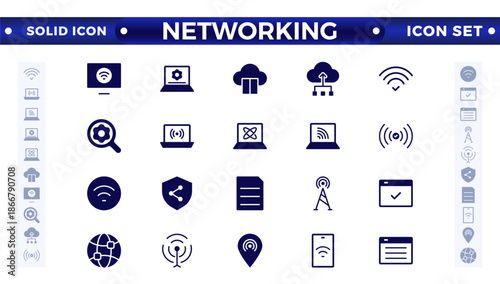 Networking solid icon set. Connections, relationships, online networking, community, events, and social network icons. computer, network, website, server, web design, hardware, software, and programmi