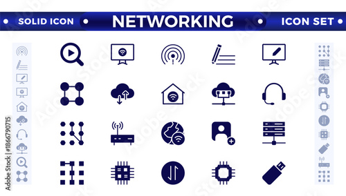 Networking solid icon set. Connections, relationships, online networking, community, events, and social network icons. computer, network, website, server, web design, hardware, software, and programmi