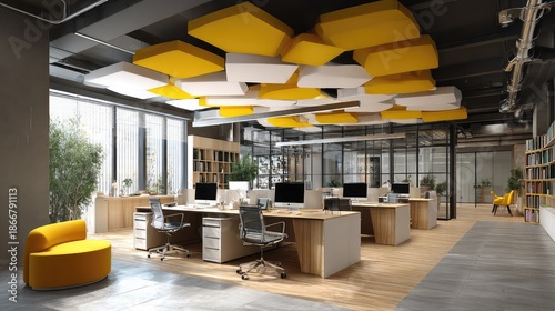 Modern Office Environment Featuring Bright Yellow Acoustic Panels, Stylish Workstations, and Open Layout Design Promoting Collaboration and Creativity Among Professionals