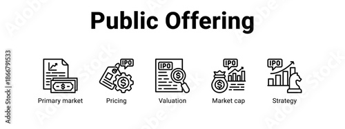 Public Offering web banner icon vector illustration concept for  with icon of Primary market, Pricing, Valuation.