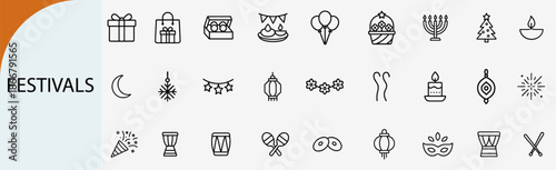 global festivals and holiday celebration outline icons, cultural events vector