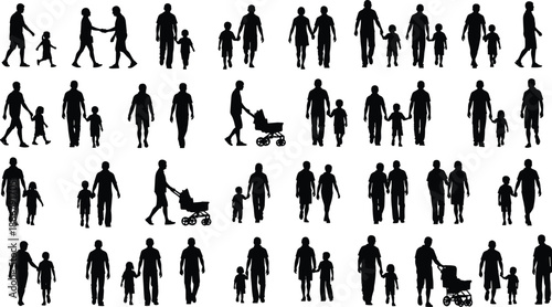 Large Set of Diverse People Silhouettes Including Families with Children, Parents with Strollers, and Social Groups for Community Design Projects.