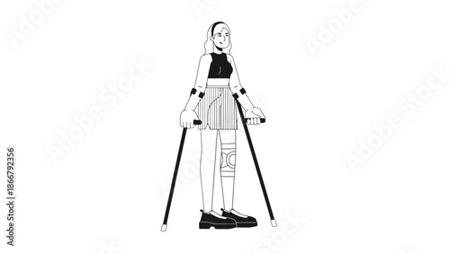 A young woman stands with crutches and a leg brace.