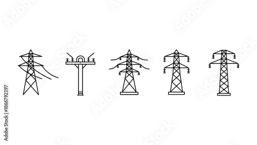 A collection of five different electricity pylons are shown in a line.