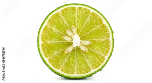 Close up macro shot reveals the vibrant internal structure and juicy segments of a perfectly sliced green lime fruit against a clean white background environment