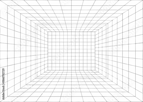 A black and white illustration of a simple cubic room with grid lines
