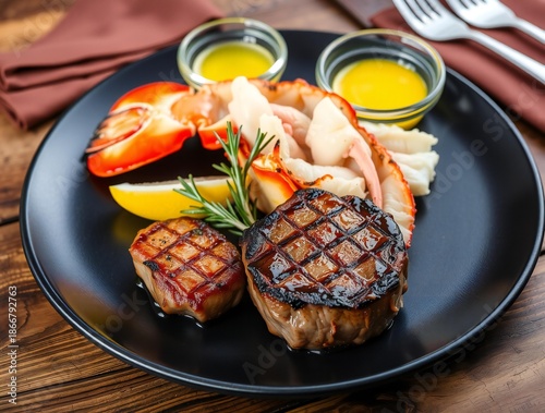 Grilled steak with lobster and vegetables