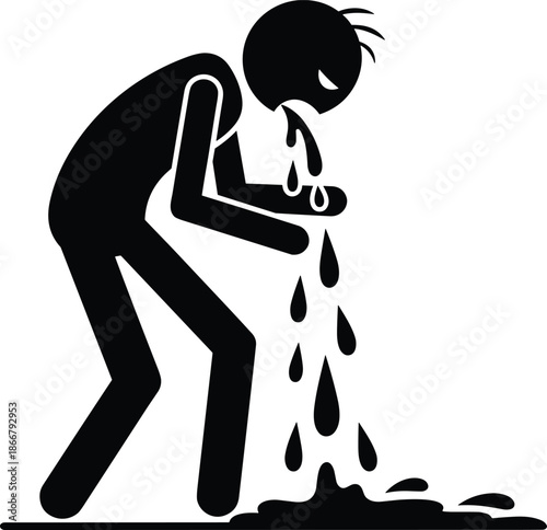 Black stick figure silhouette of a person vomiting or being sick on the floor for illness food poisoning and medical concept