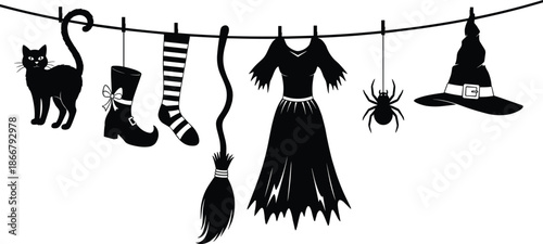 Black vector silhouette of witch Halloween accessories including cat hat broom and dress hanging on a clothesline isolated on white