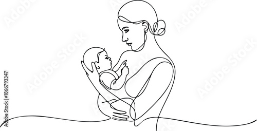 Vector Continuous Line Illustration of a Woman and Baby, The Bond of Beginnings: A Continuous Line Study of Motherhood, One-Line Drawing of a Mother Cradling Her Infant, Minimalist Mother and Baby .