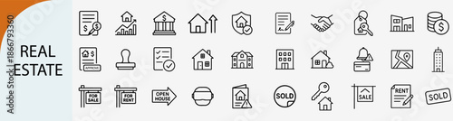 real estate and property management outline icons, home mortgage vector