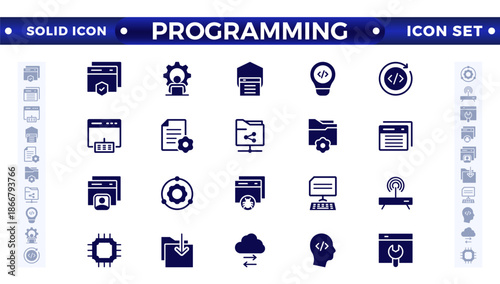 Programming solid icon set. Contains solid icons like Web Development, Code, Website, Cloud, App, Data, Software, Algorithm, Api, Build, Program. Big UI icon set in a flat design. 