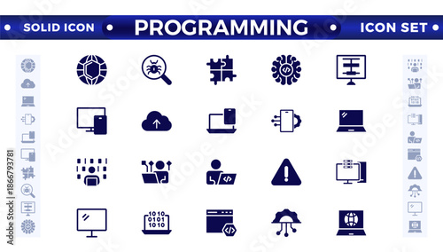 Programming solid icon set. Contains solid icons like Web Development, Code, Website, Cloud, App, Data, Software, Algorithm, Api, Build, Program. Big UI icon set in a flat design. 