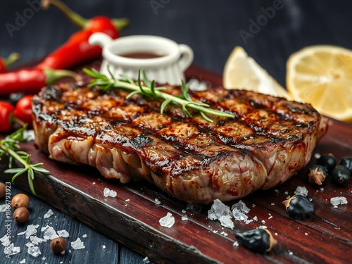 Grilled steak with garnishes