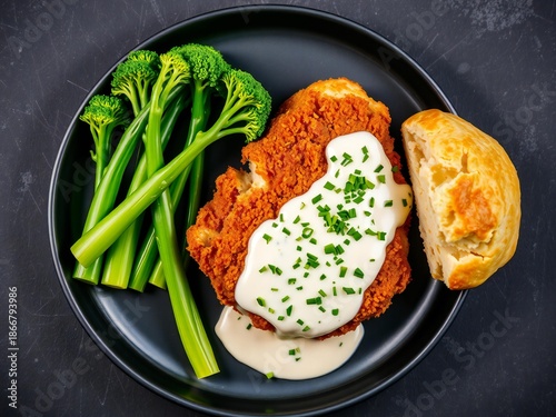 Crispy breaded chicken with creamy sauce and steamed broccoli