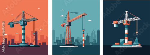 Construction crane illustration set, urban building development scenes, modern flat vector design, city skyline background, industrial engineering concept artwork