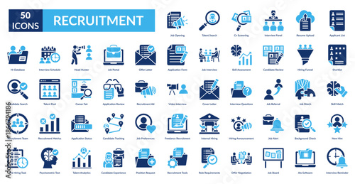 Recruitment Fill Icon Set. Job Opening, Talent Search, Cv Screening, Interview Panel, Resume Upload, Applicant List, Shortlist