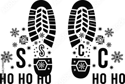 Black vector silhouette of Santa Claus boot footprints with snowflake patterns and Ho Ho Ho holiday text for Christmas decoration concept