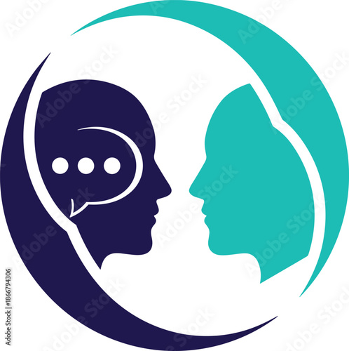 Modern conceptual logo of two human head profiles in a circle with a speech bubble for communication psychotherapy and social connection
