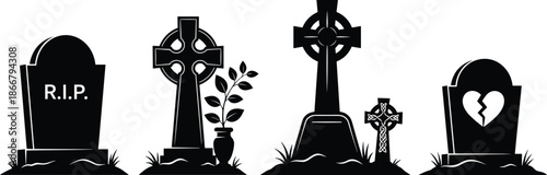 Black vector silhouette set of various graveyard tombstones featuring crosses a broken heart and rip text for Halloween horror designs