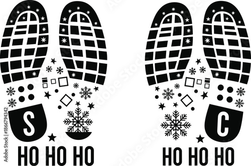Black vector silhouette of Santa Claus boot footprints with snowflake patterns and Ho Ho Ho text for Christmas holiday decor