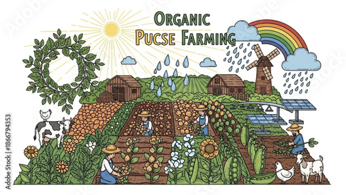An illustration of organic farming with people working in a garden surrounded by animals and renewable energy sources