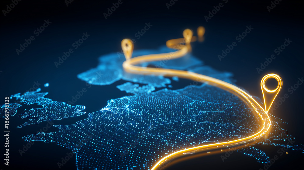 Fototapeta premium A glowing digital route across a world map representing global logistics optimization smart navigation and international connectivity networks. 