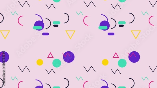 Animated abstract memphis design background with colorful moving geometric shapes pattern loop