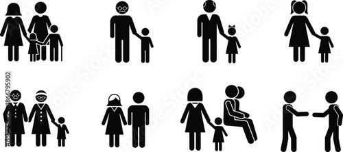 Collection of Family Life Cycle Silhouettes Including Parents Children Elderly Couple and People Shaking Hands for Social and Generational Concepts