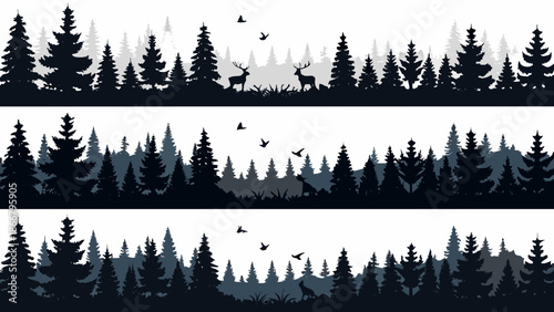 Silhouette of deer and birds amidst a dense dark forest landscape