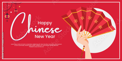 Chinese New Year Banner with Hand Holding Folding Fan