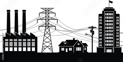 Black Silhouette of Industrial Factory Power Lines Electric Tower and Urban City Buildings Representing Energy Infrastructure Electricity Distribution and Urban Development
