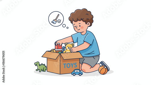 Boy playing with toy boxes and figurines.