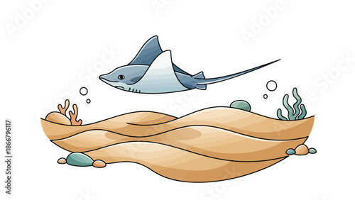 Manta ray gliding above sandy ocean floor.