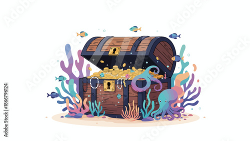 Ancient Underwater Treasure Chest with Gold and Jewels.