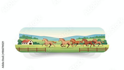 Group of galloping horses across a sunny pasture.