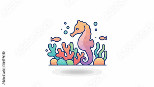 Vibrant Cartoon Seahorse Among Coral Reefs.